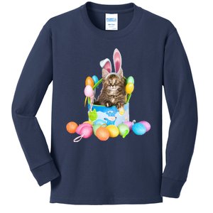 Happy Easter Cute Bunny Cat Eggs Basket Maine Coon Kitten Kids Long Sleeve Shirt