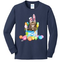 Happy Easter Cute Bunny Cat Eggs Basket Maine Coon Kitten Kids Long Sleeve Shirt