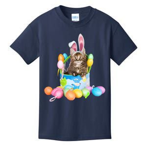 Happy Easter Cute Bunny Cat Eggs Basket Maine Coon Kitten Kids T-Shirt