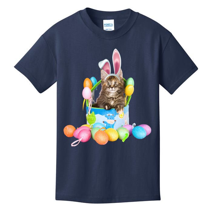 Happy Easter Cute Bunny Cat Eggs Basket Maine Coon Kitten Kids T-Shirt