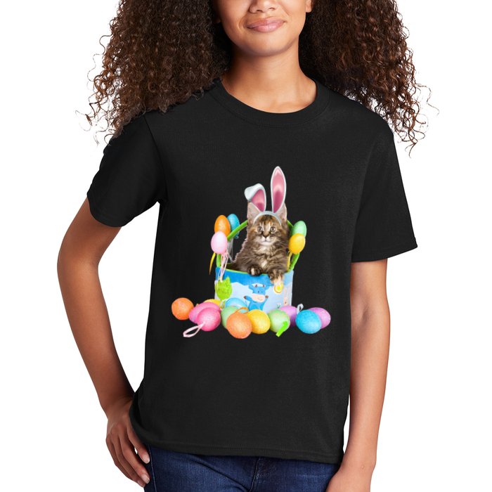 Happy Easter Cute Bunny Cat Eggs Basket Maine Coon Kitten Kids T-Shirt