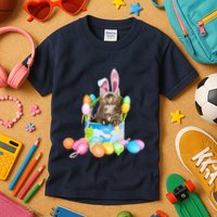 Happy Easter Cute Bunny Cat Eggs Basket Maine Coon Kitten Kids T-Shirt