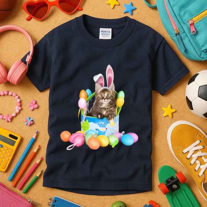 Happy Easter Cute Bunny Cat Eggs Basket Maine Coon Kitten Kids T-Shirt