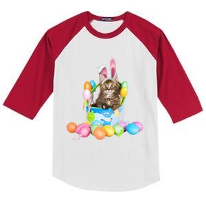 Happy Easter Cute Bunny Cat Eggs Basket Maine Coon Kitten Kids Colorblock Raglan Jersey