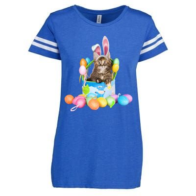 Happy Easter Cute Bunny Cat Eggs Basket Maine Coon Kitten Enza Ladies Jersey Football T-Shirt