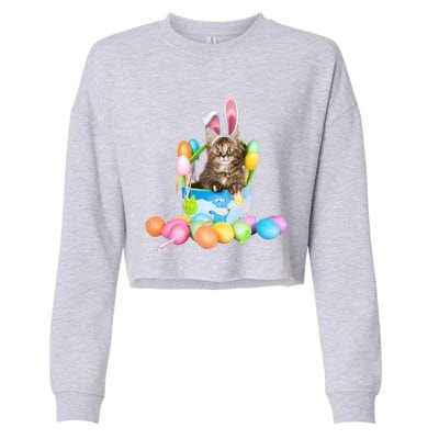 Happy Easter Cute Bunny Cat Eggs Basket Maine Coon Kitten Cropped Pullover Crew