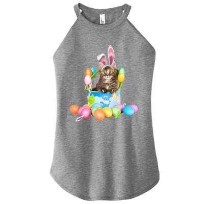 Happy Easter Cute Bunny Cat Eggs Basket Maine Coon Kitten Women's Perfect Tri Rocker Tank