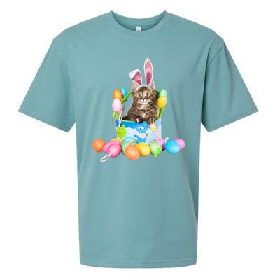 Happy Easter Cute Bunny Cat Eggs Basket Maine Coon Kitten Sueded Cloud Jersey T-Shirt