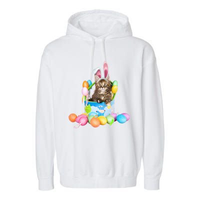 Happy Easter Cute Bunny Cat Eggs Basket Maine Coon Kitten Garment-Dyed Fleece Hoodie