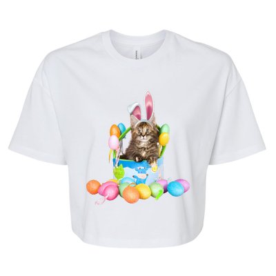 Happy Easter Cute Bunny Cat Eggs Basket Maine Coon Kitten Bella+Canvas Jersey Crop Tee