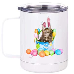 Happy Easter Cute Bunny Cat Eggs Basket Maine Coon Kitten 12 oz Stainless Steel Tumbler Cup