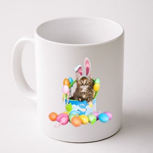 Happy Easter Cute Bunny Cat Eggs Basket Maine Coon Kitten Coffee Mug