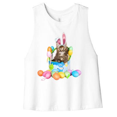 Happy Easter Cute Bunny Cat Eggs Basket Maine Coon Kitten Women's Racerback Cropped Tank