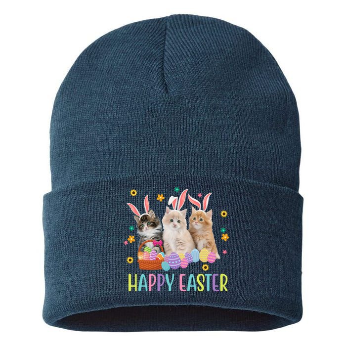 Happy Easter Cute Cat Lover Holiday Sustainable Knit Beanie