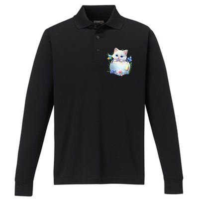 Happy Easter Cute Cat Eggs Basket Easter Day Cat Lover Performance Long Sleeve Polo