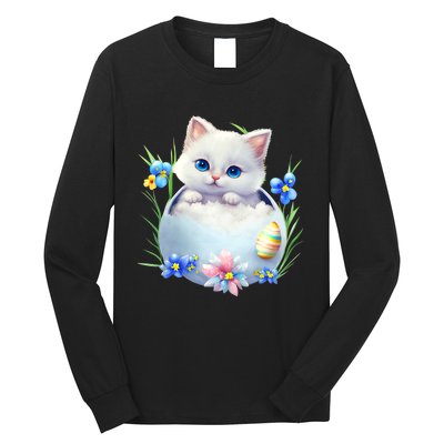 Happy Easter Cute Cat Eggs Basket Easter Day Cat Lover Long Sleeve Shirt