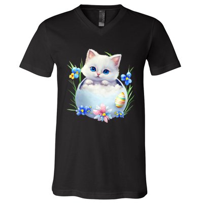 Happy Easter Cute Cat Eggs Basket Easter Day Cat Lover V-Neck T-Shirt