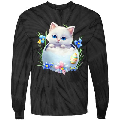 Happy Easter Cute Cat Eggs Basket Easter Day Cat Lover Tie-Dye Long Sleeve Shirt