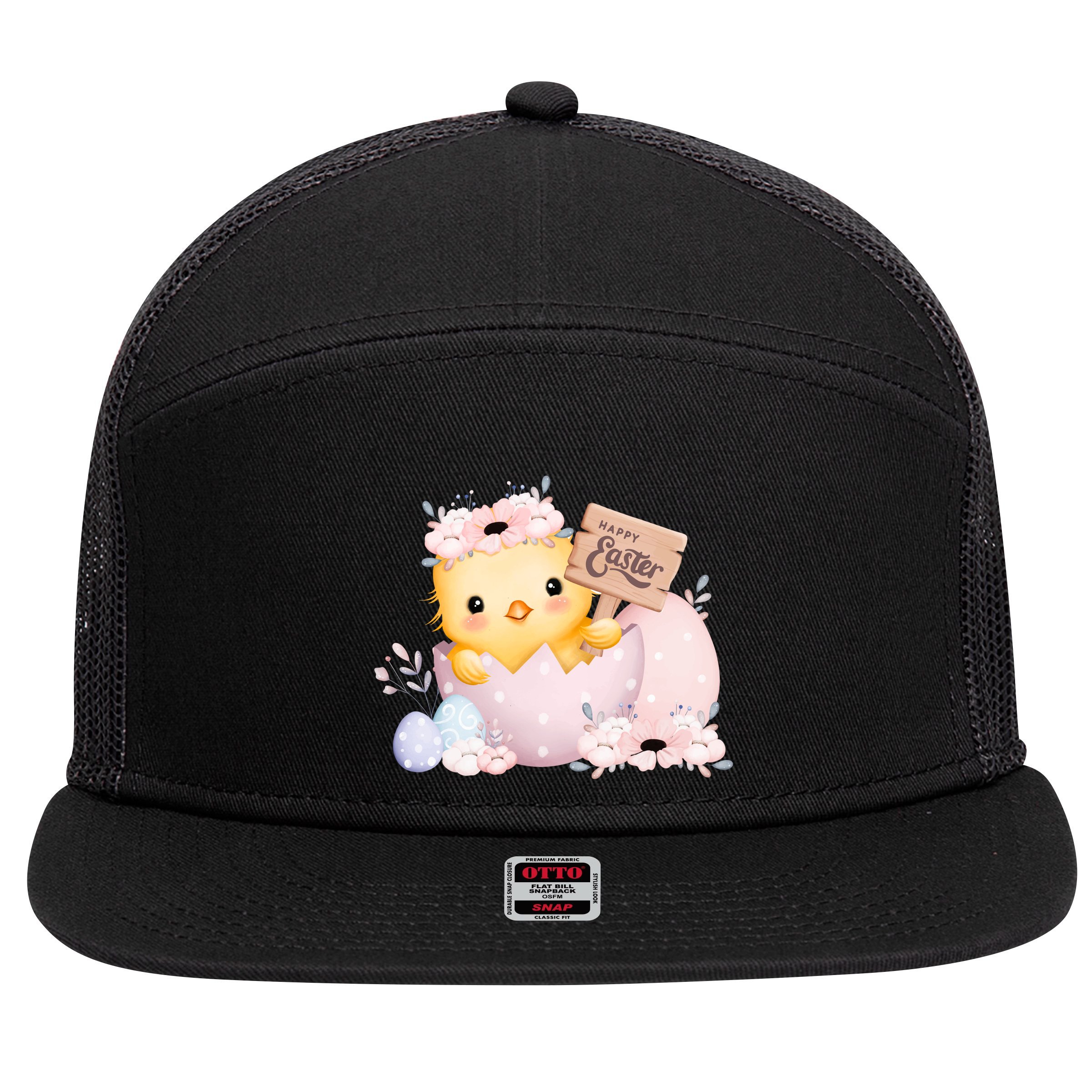 Happy Easter Cute Chick Easter Sunday 7 Panel Mesh Trucker Snapback Hat