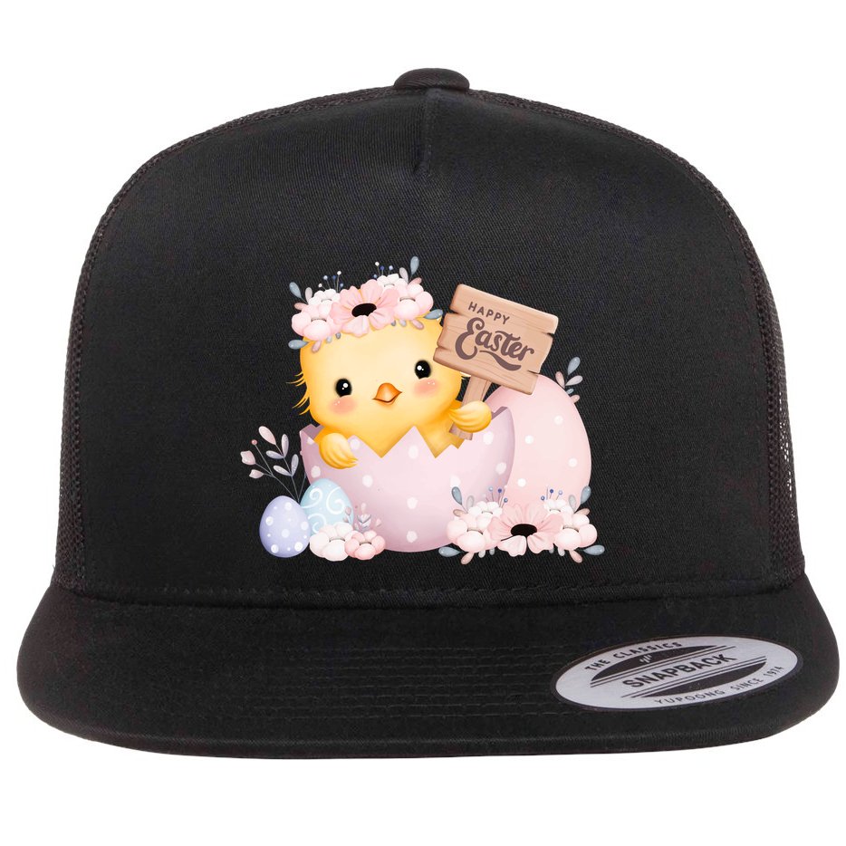 Happy Easter Cute Chick Easter Sunday Flat Bill Trucker Hat