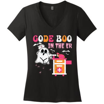 Halloween ER Costume Code Boo In The ER Nurse Crew Ghost Women's V-Neck T-Shirt