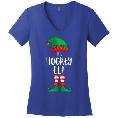 Hockey Elf Christmas Party Matching Family Group Pajama Cool Gift Women's V-Neck T-Shirt