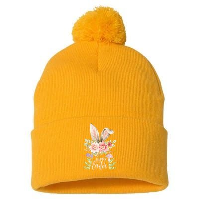 Happy Easter cute bunny ears with flowers and mushrooms Pom Pom 12in Knit Beanie