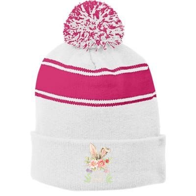 Happy Easter cute bunny ears with flowers and mushrooms Stripe Pom Pom Beanie