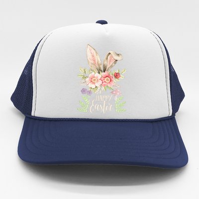 Happy Easter cute bunny ears with flowers and mushrooms Trucker Hat