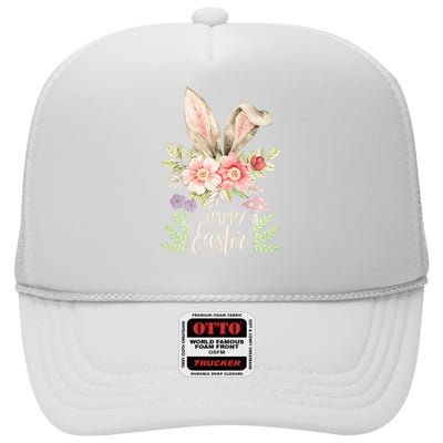 Happy Easter cute bunny ears with flowers and mushrooms High Crown Mesh Back Trucker Hat