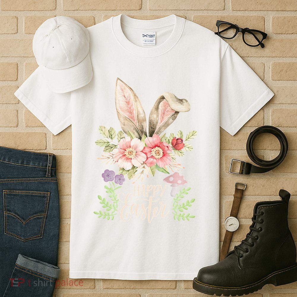 Happy Easter cute bunny ears with flowers and mushrooms Tall T-Shirt