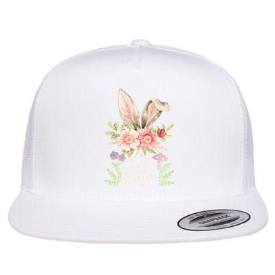 Happy Easter cute bunny ears with flowers and mushrooms Flatbill Hat