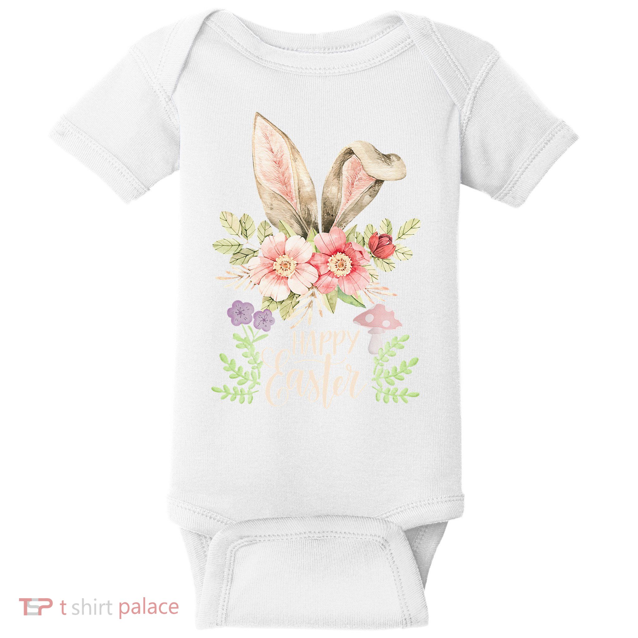 Happy Easter cute bunny ears with flowers and mushrooms Baby Bodysuit