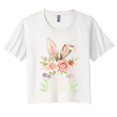 Happy Easter cute bunny ears with flowers and mushrooms Crop Top