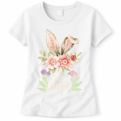 Happy Easter cute bunny ears with flowers and mushrooms Womens T-Shirt