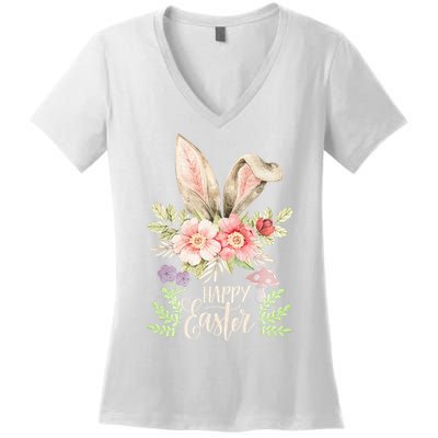 Happy Easter cute bunny ears with flowers and mushrooms Women's V-Neck T-Shirt