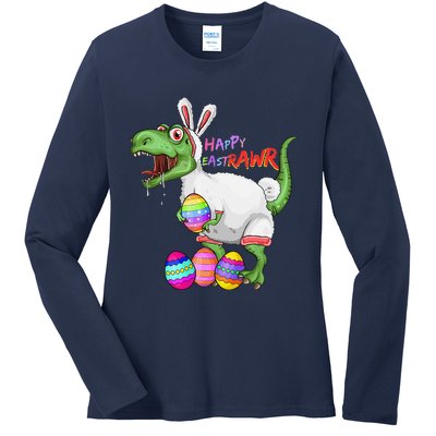 Happy Eastrawr Dinosaur TRex Easter Bunny Ladies Long Sleeve Shirt