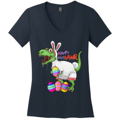 Happy Eastrawr Dinosaur TRex Easter Bunny Women's V-Neck T-Shirt