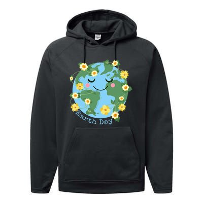 Happy Earth Day Cute Earth With Floral Earth Day 2024 Performance Fleece Hoodie