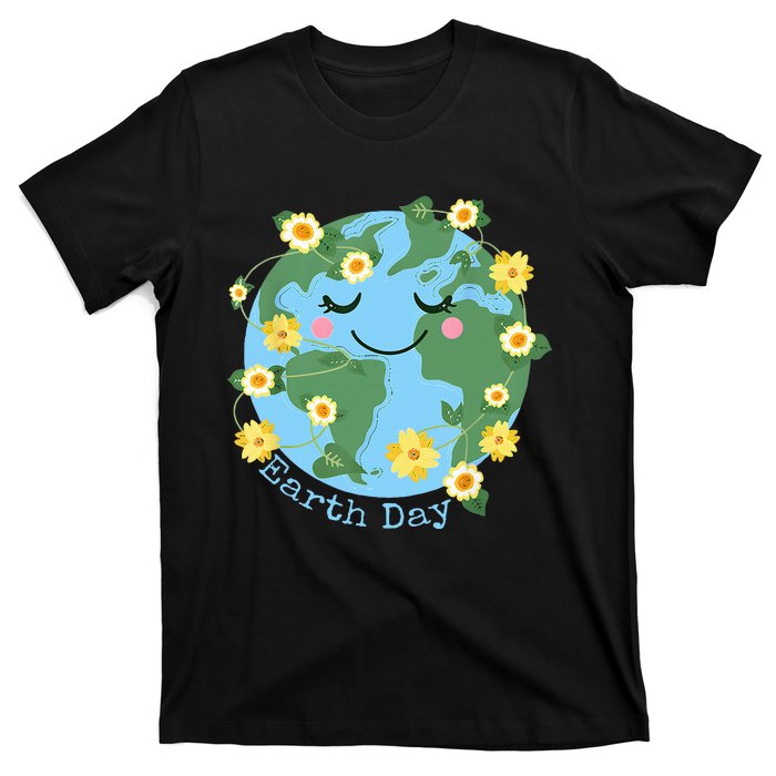 Happy Earth Day Cute Earth With Floral Earth Day 2024 T-Shirt