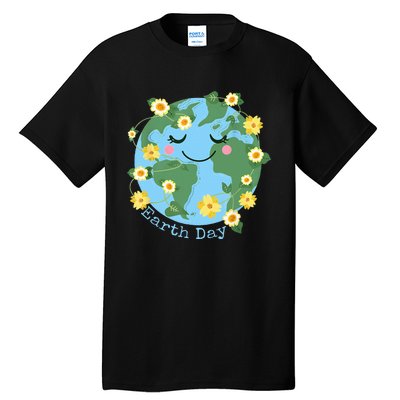 Happy Earth Day Cute Earth With Floral Earth Day 2024 Tall T-Shirt