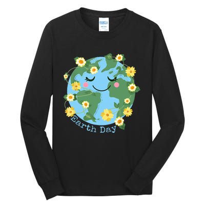 Happy Earth Day Cute Earth With Floral Earth Day 2024 Tall Long Sleeve T-Shirt