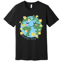 Happy Earth Day Cute Earth With Floral Earth Day 2024 Premium T-Shirt