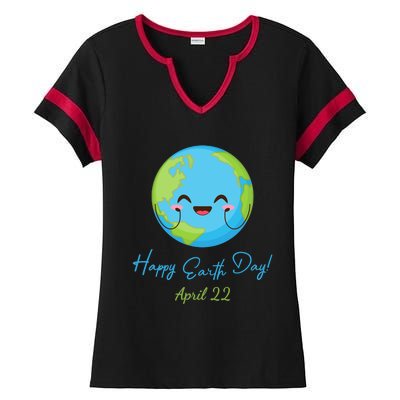 Happy Earth Day April 22 Cute Planet Ladies Halftime Notch Neck Tee