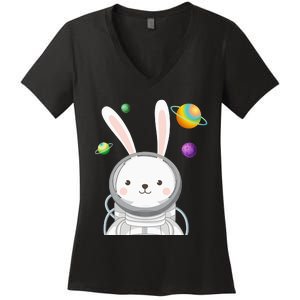 Happy Easter Day Bunny Egg astronaut Space Women's V-Neck T-Shirt