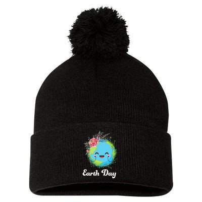 Happy Earth Day Cute Earth With Floral Wreath Pom Pom 12in Knit Beanie
