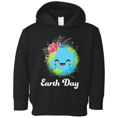 Happy Earth Day Cute Earth With Floral Wreath Toddler Hoodie