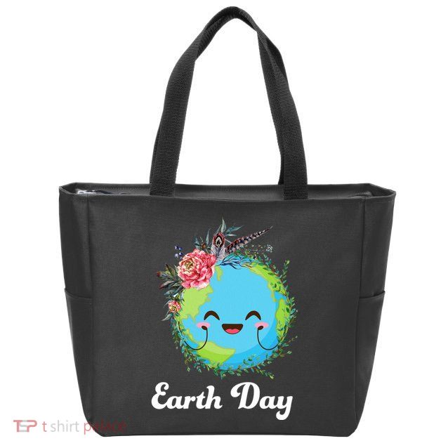 Happy Earth Day Cute Earth With Floral Wreath Zip Tote Bag