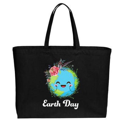 Happy Earth Day Cute Earth With Floral Wreath Cotton Canvas Jumbo Tote