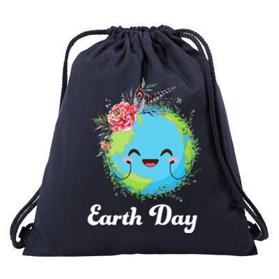 Happy Earth Day Cute Earth With Floral Wreath Drawstring Bag